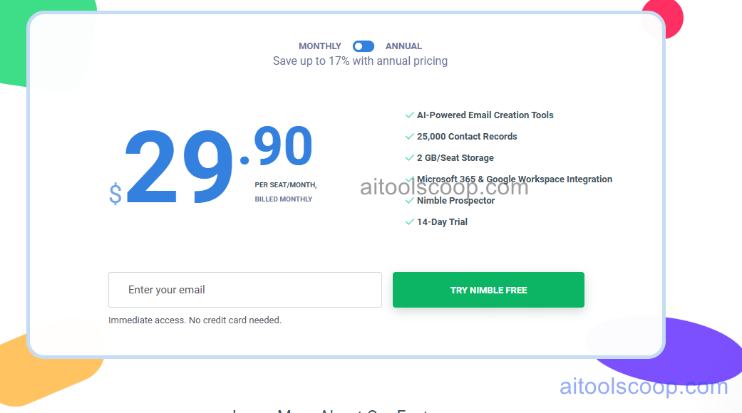 Nimble CRM pricing 2026 — $29.90/month per user monthly, $24.90/month per user billed annually