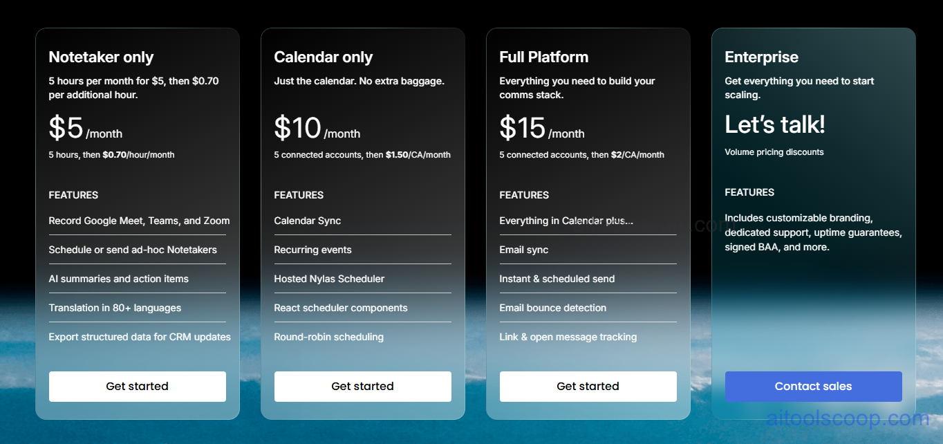Nylas pricing plans 2026 — Notetaker $5/mo, Calendar $10/mo, Full Platform $15/mo, Enterprise custom