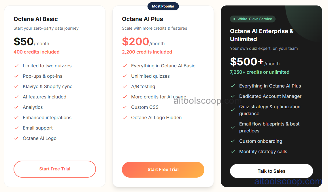 Octane AI pricing plans — Octane, Scale, and Enterprise