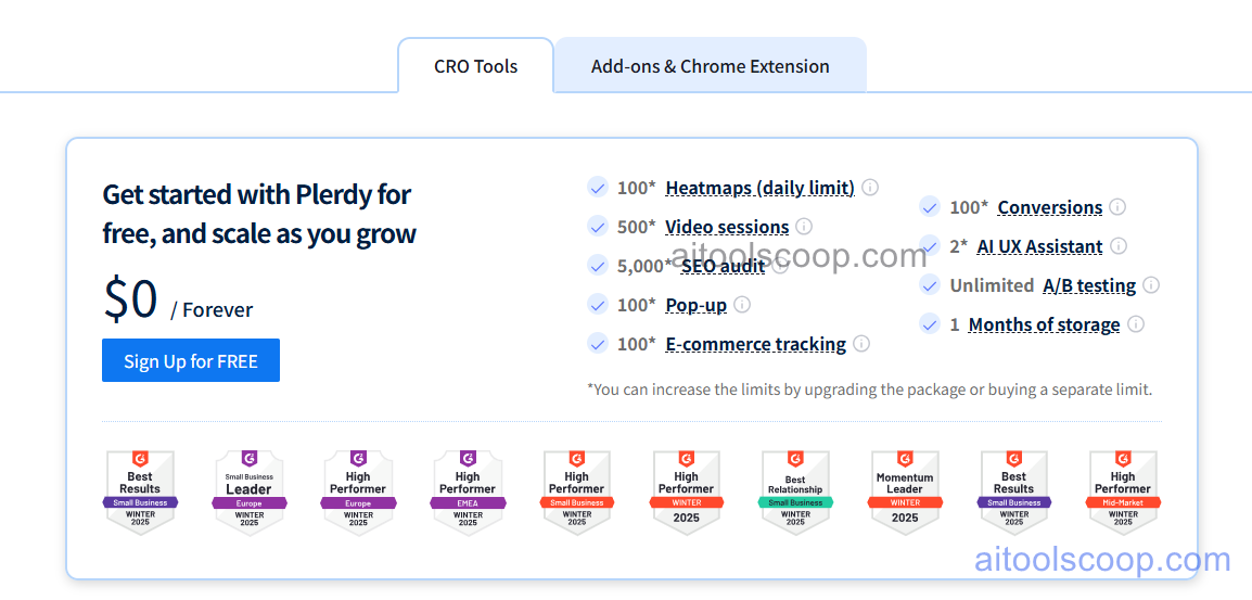 Plerdy pricing plans 2026 — Free plan available