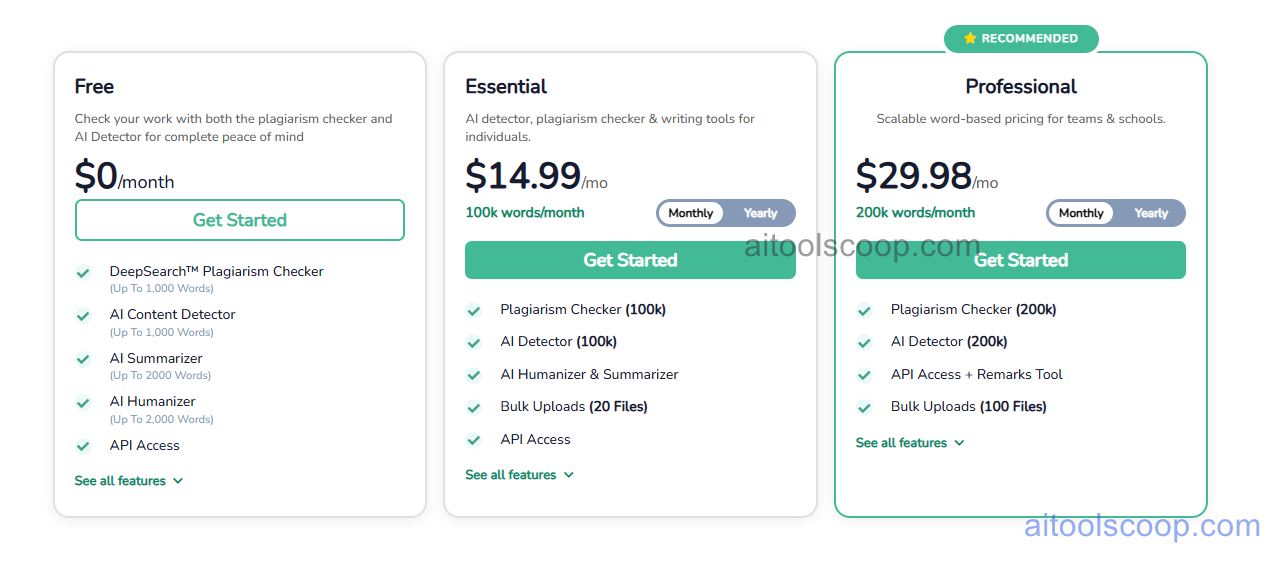 Quetext pricing 2026 — Free $0/month, Essential $14.99/month 100k words, Professional $29.98/month 200k words
