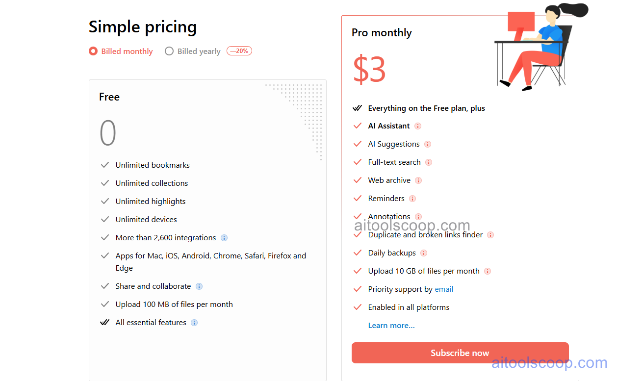 Raindrop.io pricing 2026 — Free $0 and Pro $3/month ($28/year billed annually)