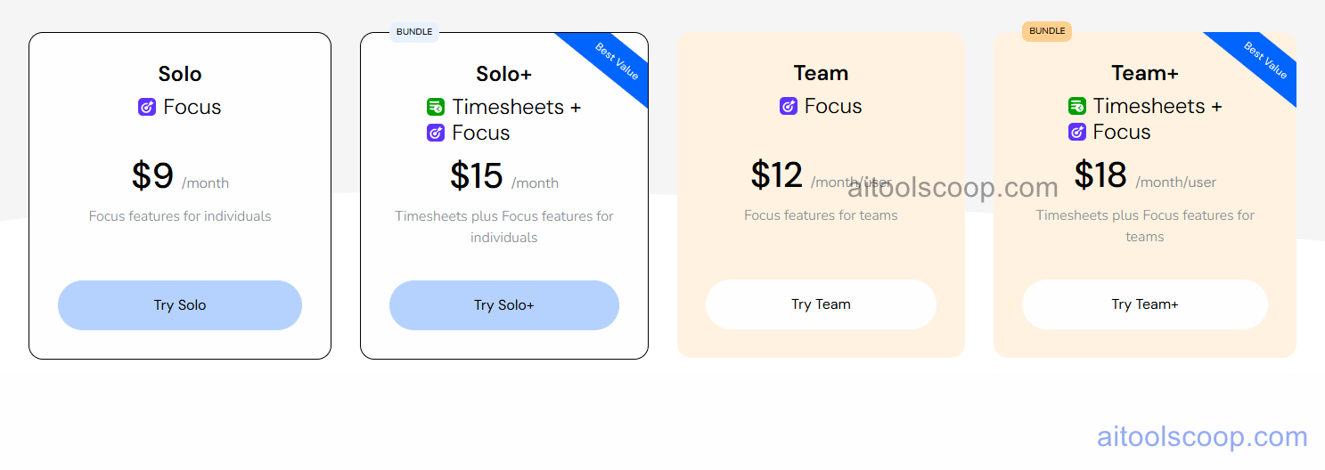 RescueTime pricing 2026 — Solo $9/month, Solo Plus $15/month, Team $12/month per user, Team Plus $18/month per user
