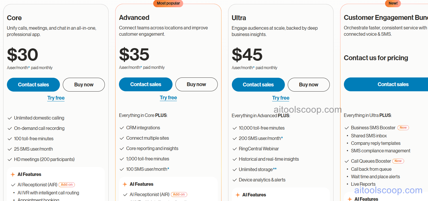 RingCentral pricing plans 2026 — Core $30/mo, Advanced $35/mo, Ultra $45/mo, custom enterprise