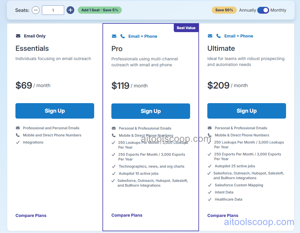 RocketReach pricing plans 2026 — Essentials $33/mo, Pro $75/mo, Ultimate $142/mo billed annually