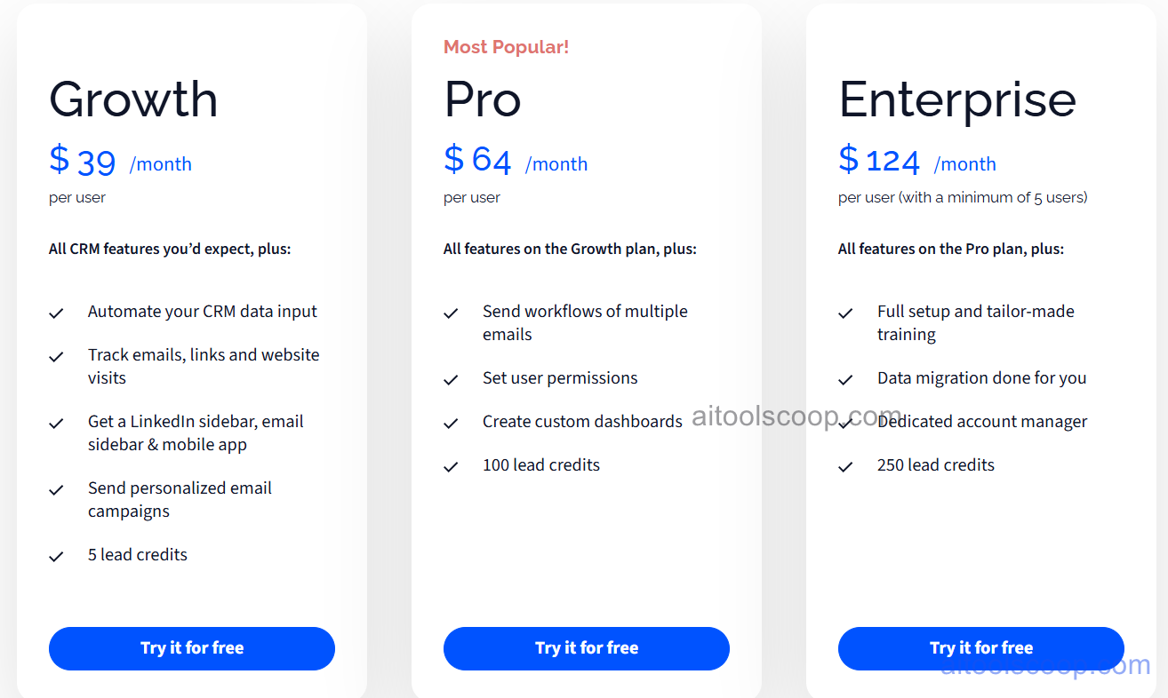 Salesflare pricing plans 2026 — Growth $39/mo, Pro $64/mo, Enterprise $124/mo; annual $29, $49, $99/mo