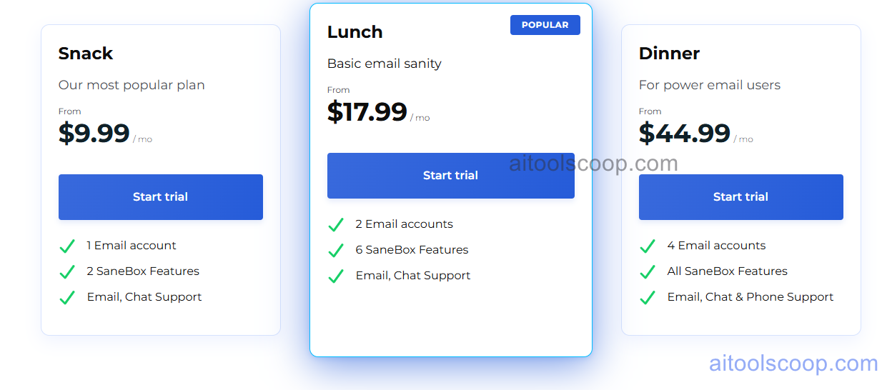 SaneBox pricing plans 2026 — Snack $9.99/month, Lunch $17.99/month, Dinner $44.99/month billed monthly