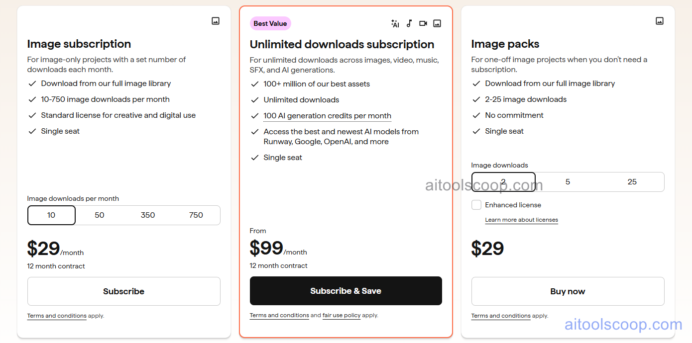 Shutterstock pricing plans 2026 — Image subscription $29/month, Unlimited $99/month, Image packs $29