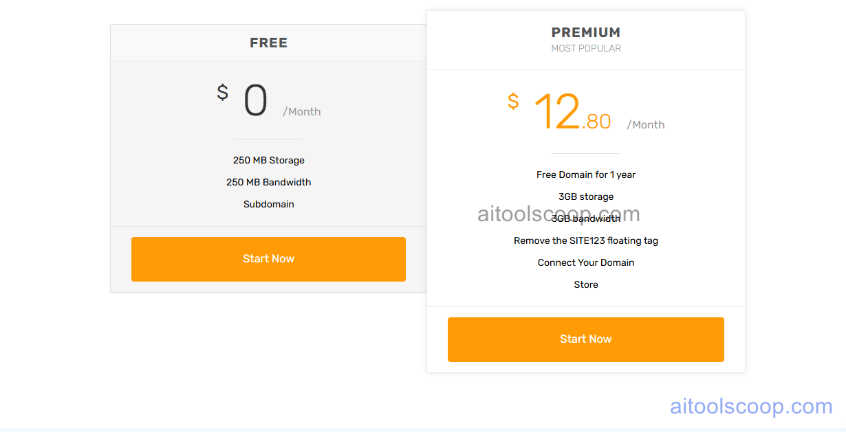 SITE123 pricing plans 2026 — Free plan, paid from $12.80/month