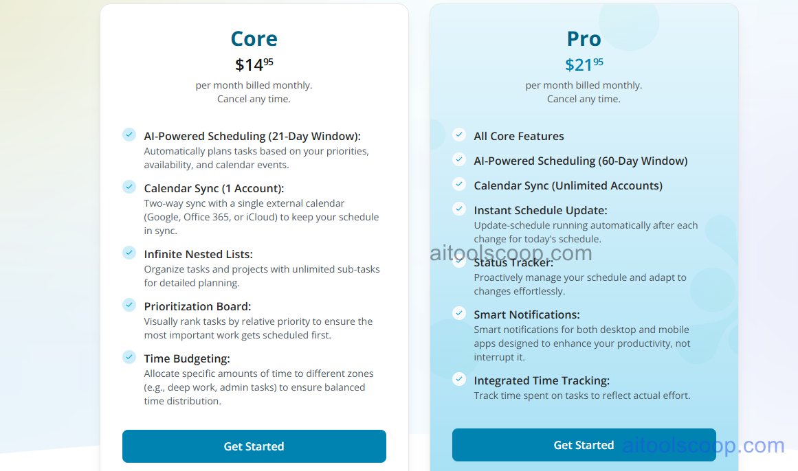 SkedPal pricing plans 2026 — Core $14.95/month, Pro $21.95/month, billed monthly