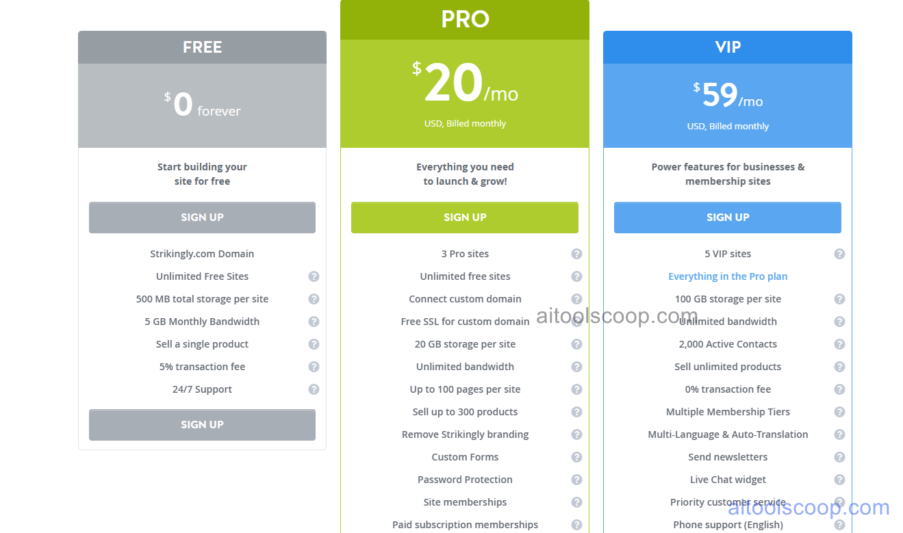 Strikingly pricing plans 2026 — Free, $20/month, $59/month