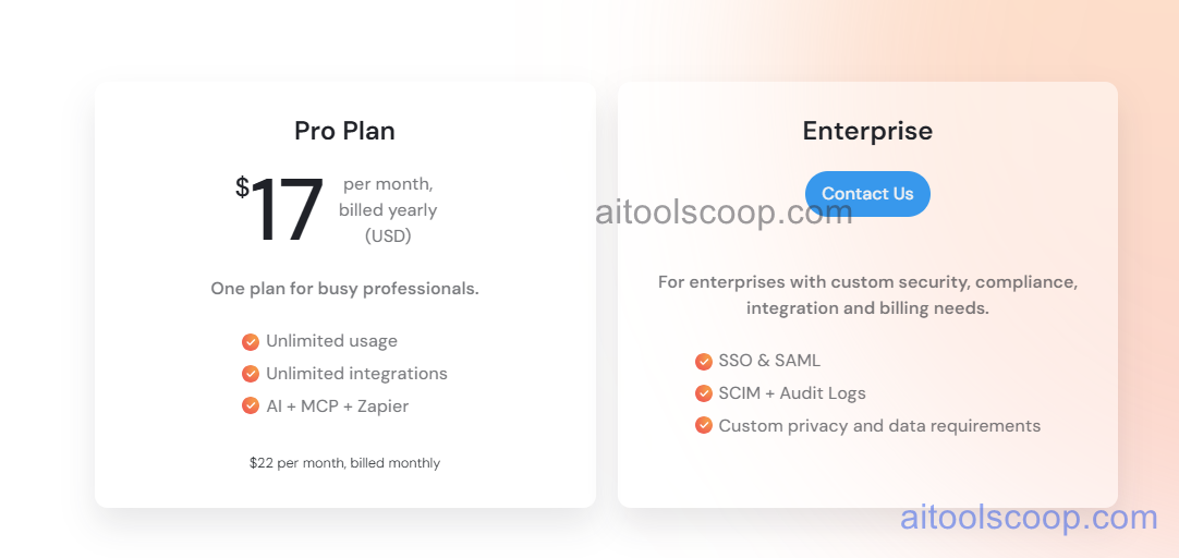 Sunsama pricing 2026 — $17/month billed annually