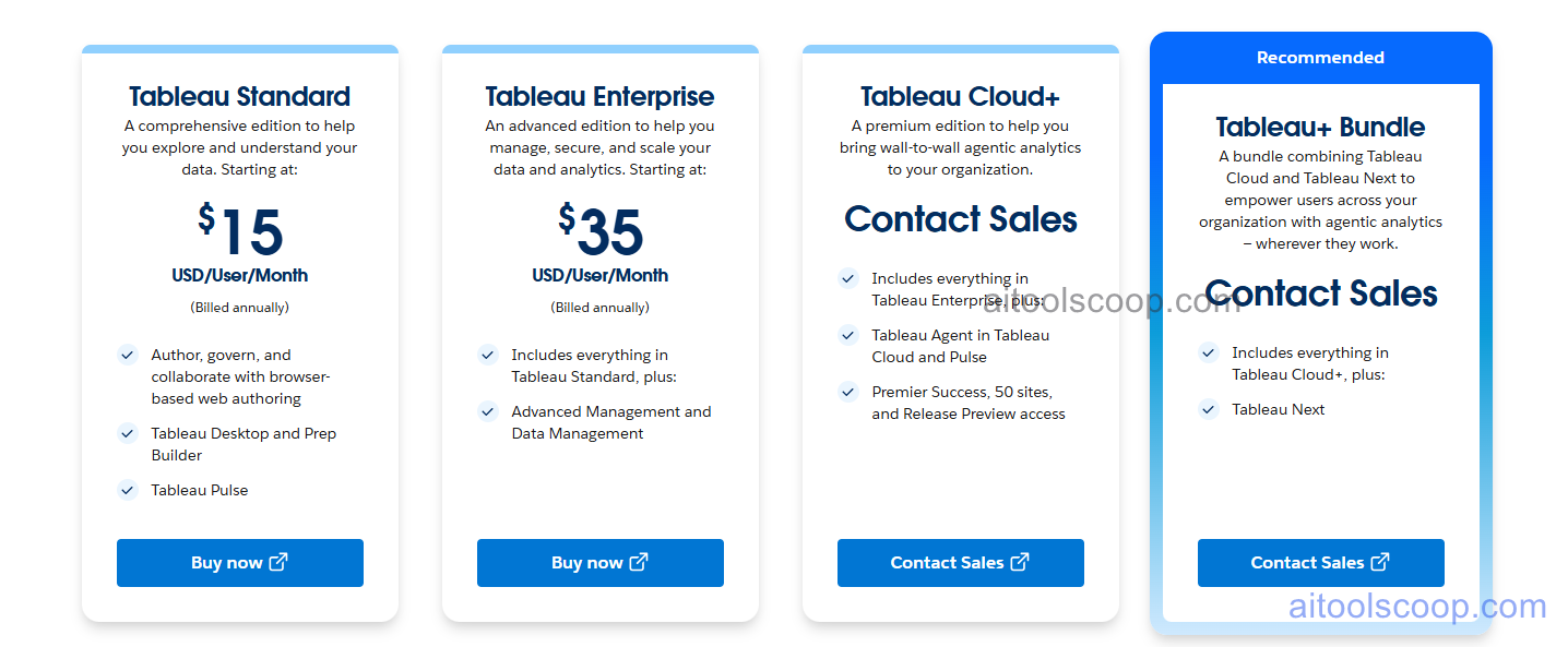Tableau pricing plans 2026 — Viewer from $15/month, Explorer from $35/month per user billed annually