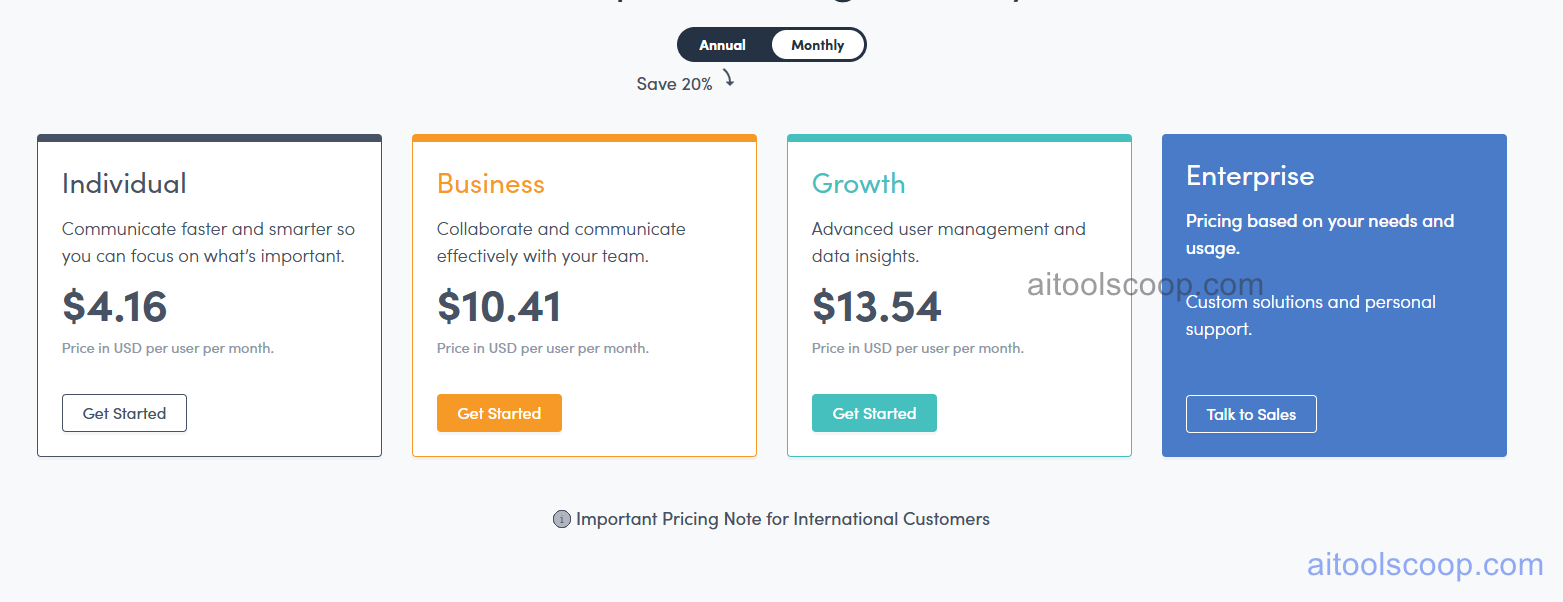 TextExpander pricing 2026 — Individual $4.16/month, Business $10.41/month, Growth $13.54/month per user, Enterprise custom