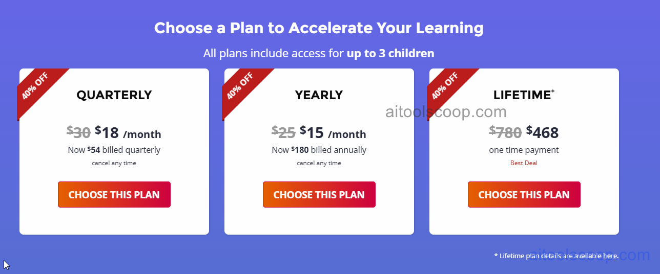 Tynker pricing plans 2026 — Quarterly $18/month, Yearly $15/month, Lifetime $468 one-time payment — all plans for up to 3 children