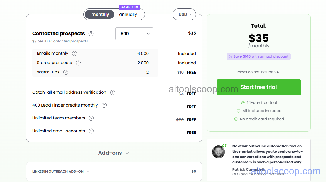 Woodpecker.co pricing plans 2026 — from $35/month (monthly) or $24/month (annual) per slot