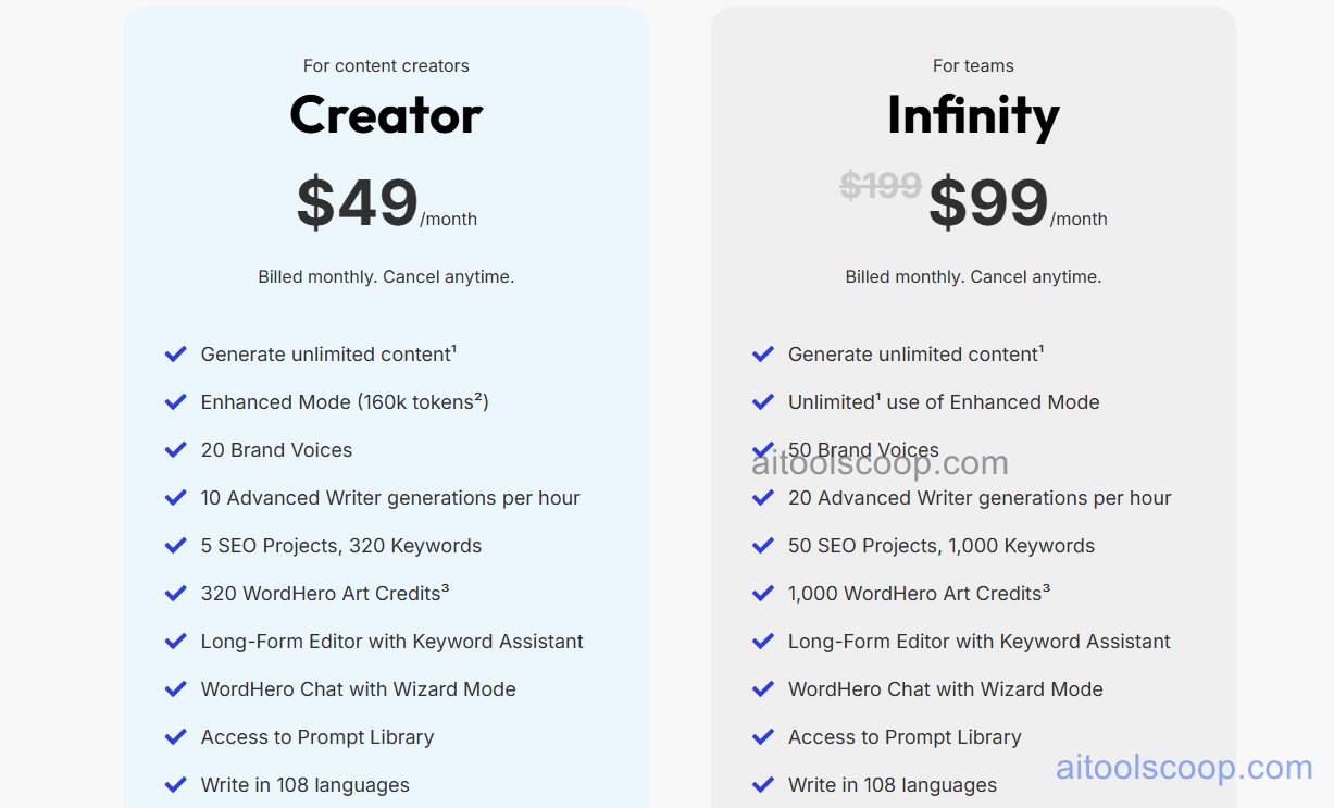 WordHero pricing plans 2026 — Creator $49/month, Infinity $99/month