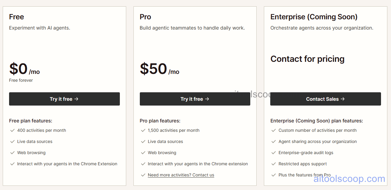 Zapier pricing: Free $0/mo, Pro $50/mo, and Enterprise (coming soon) tiers for AI agent automation